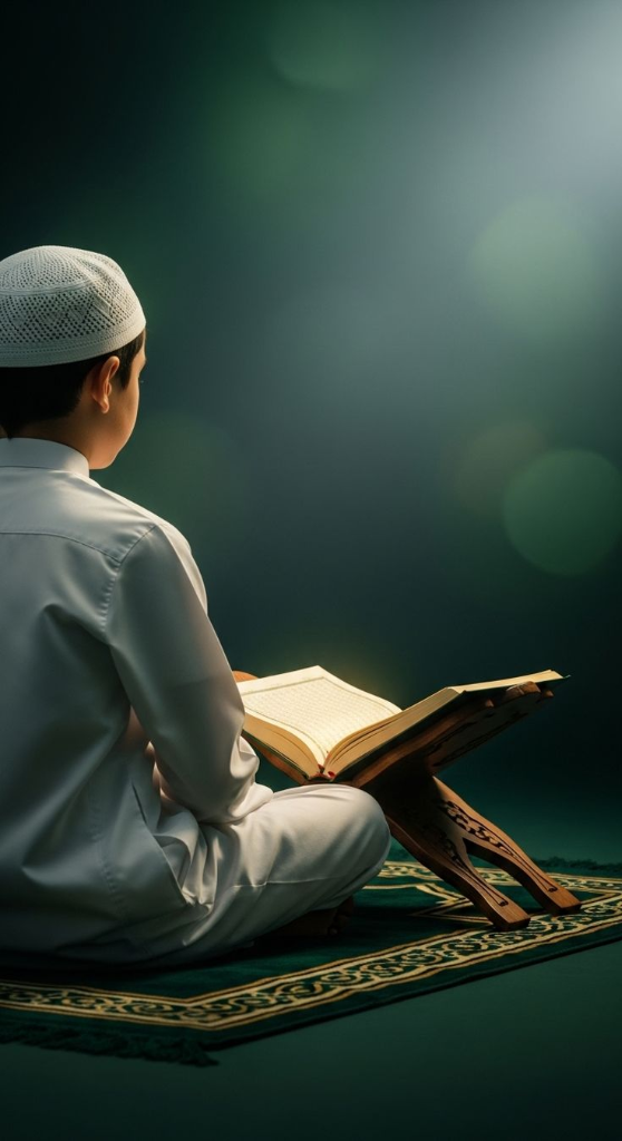Student studying Qur'an on traditional wooden rahlah
